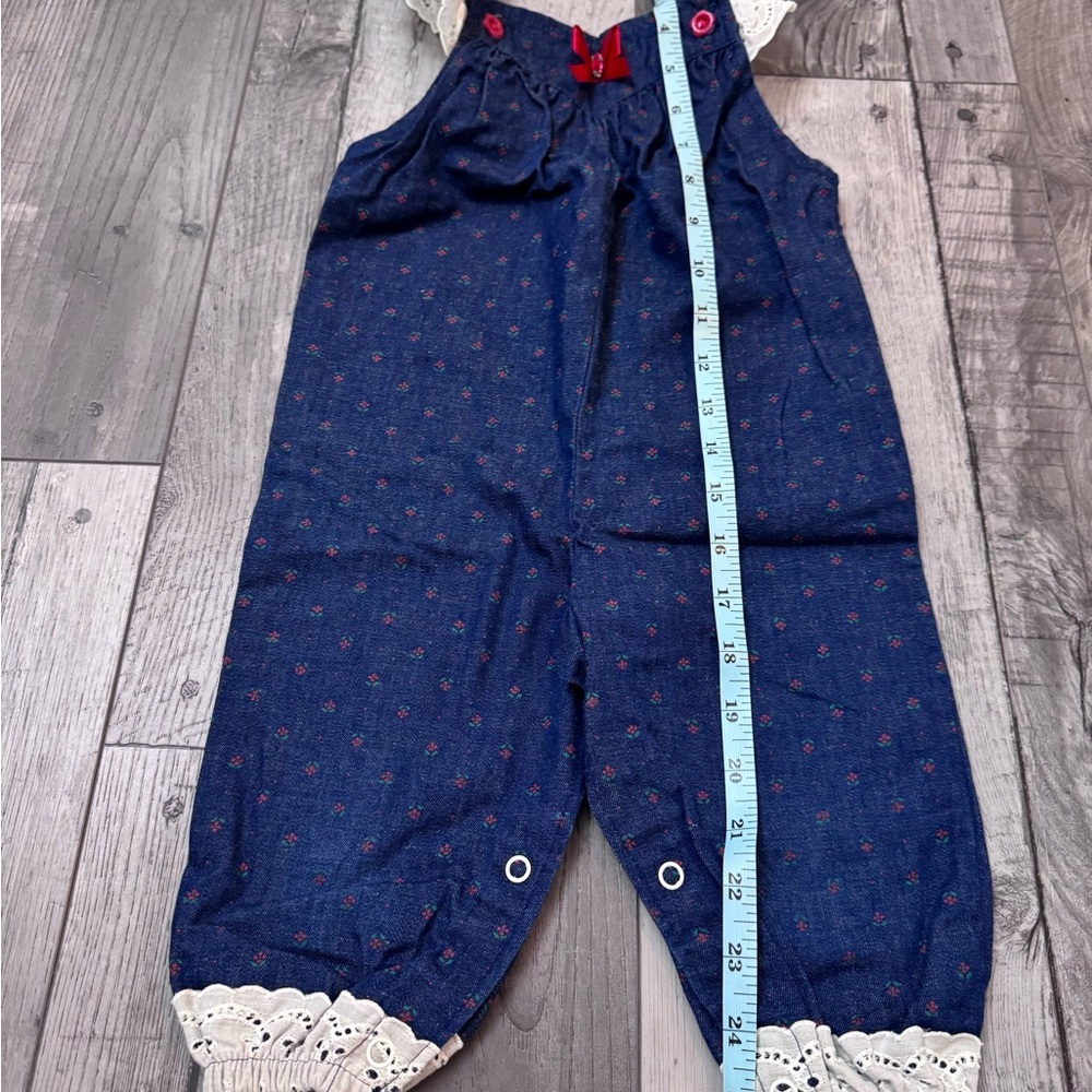 Vintage Healthtex Denim Navy Floral Lace-Trim Jumpsuit Red Accents Retro 90โs - Picture 8 of 8